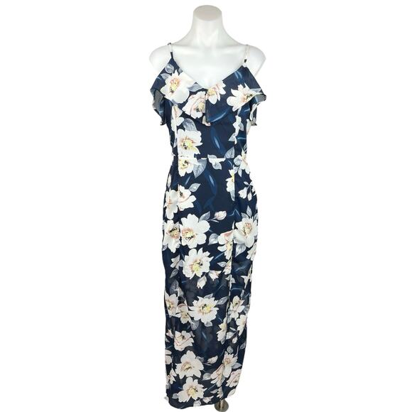 Heli Blue Floral V Neck Ruffle Cocktail Sleeveless Sheath Maxi Dress Size L - Picture 1 of 5